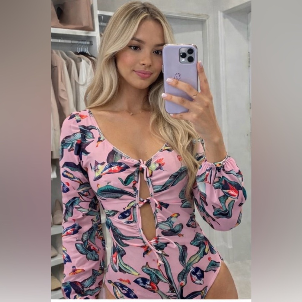 Pink Tropical Long Sleeve One-Piece Swimsuit | Cutout Tie Front | Resort Swim